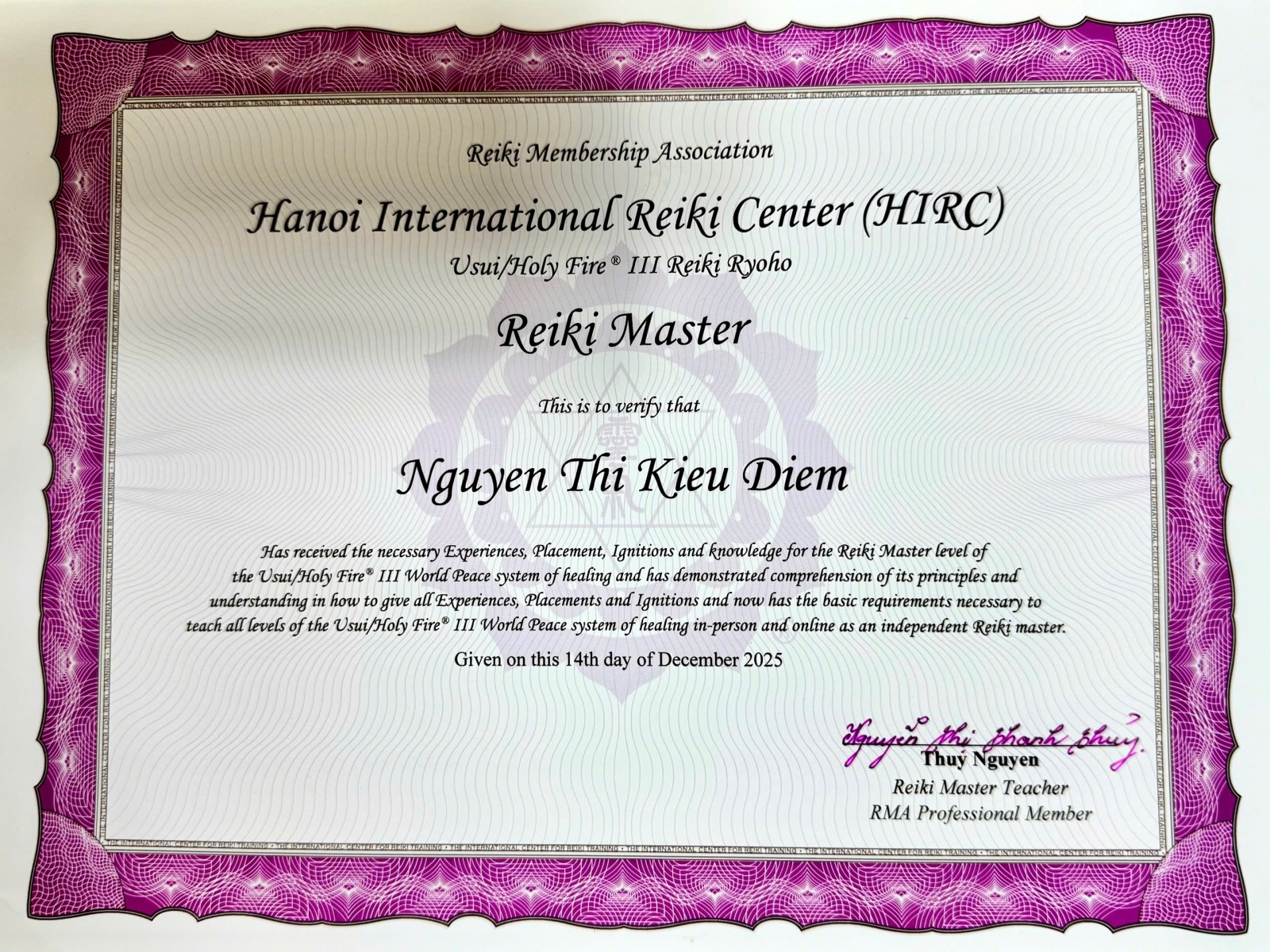Chứng nhận Reiki Master Holyfire